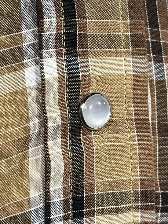 Ely Cattleman Pearl Snap Shirt Mens Medium Tan Brown Plaid Western Long Sleeve - Picture 2 of 9